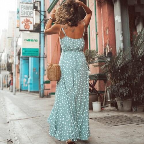 Hirigin Womens Maxi Boho Dress Summer Spaghetti Strap Sweet Dot Long Dress Ladies Beach Sundress Vestido De Mujer