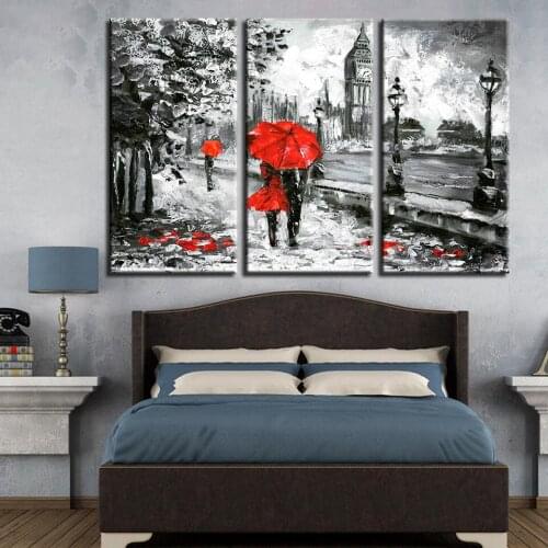 Canvas Print Pictures Living Room 3 Pieces Red Umbrella Lover Painting London Street Rain View Poster Retro Home Decor Wall Art