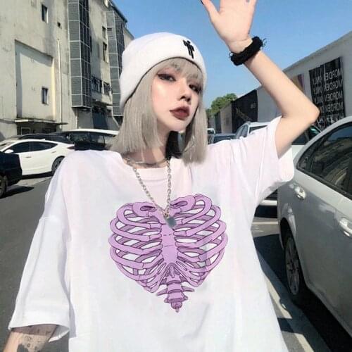 Summer Japanese love bone print street shirt Harajuku casual T-shirt chic women tops tee simple vintage kawaii women t-shirts