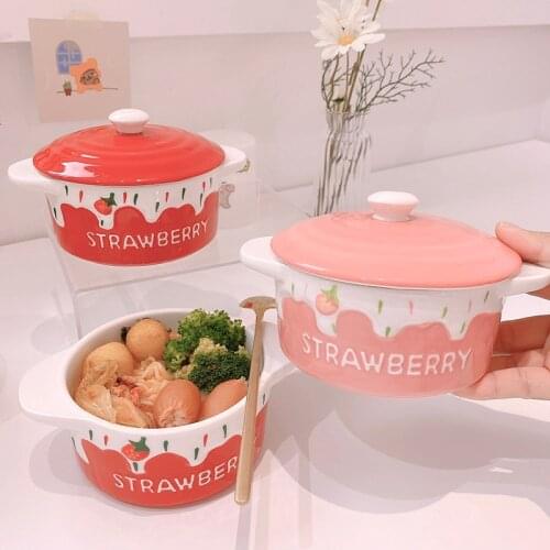 Lovely girl heart with cover bowl strawberry cream ceramic bowl student dormitory lunch bowl cereal bowl cute small bowl