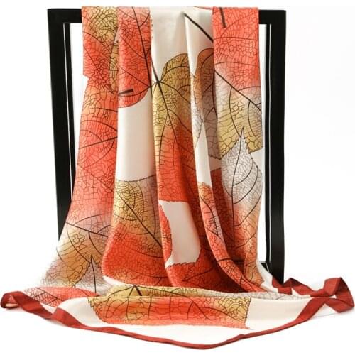 Fashion Hair Scarf For Women Leaves Print Silk Satin Hijab Scarfs Kerchief 90cm*90cm Square Neckerchief Scarves For Ladies 2020