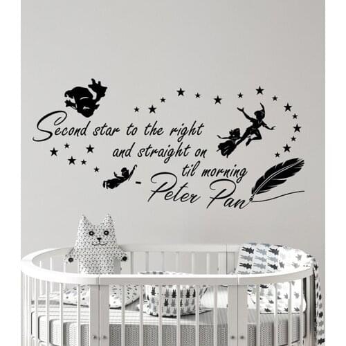 Cartoon Peter Pan Second star to the right Wall Sticker Kids Room Bedroom Peter Pan Inspirtaional Quote Wall Decal Playroom Art