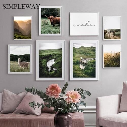 Nordic Morning Sunrise Wall Art Poster Nature Mountain Landscape Canvas Print Painting Cow Alpaca Picture Living Room Decoration