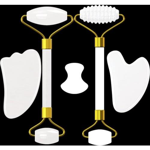 Natural White Jade Roller Guasha Board Scraper Set White Quartz Face Roller Facial Massage Gua Sha Tool Stone Facial Massager