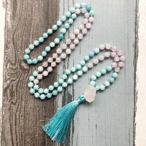 Raw Stone Pendant Mala Necklaces Rose Q-uartz & Amazonite Knotted Necklace 108 Mala Beads Tassel Necklace Womens Gift For Her