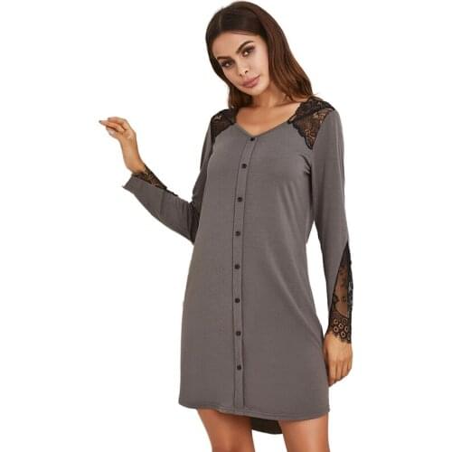 Nightgowns Women Hot Sale Long Sleeve Night Dress Lace Stitching Cotton Round Neck Comfortable Autumn New Dresses Vetements