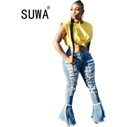 Wholesale Ripped Jeans For Women High Waist Jeans Vintage Flare Jeans With Holes Patchwork Bell Bottom Jean Denim Pants Trousers