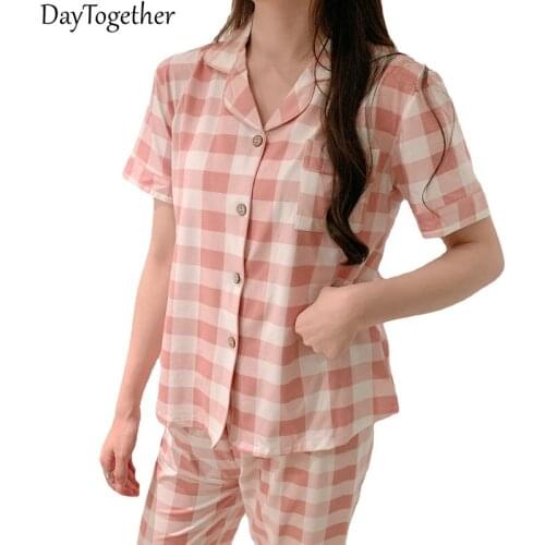 Summer Womens Pajamas Striped Plaid Female Sleepwear Fashion Casual Ladies Nightgown Suit 2-Piece Homewear