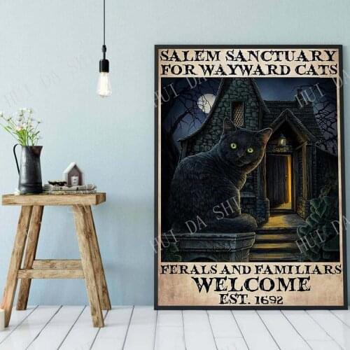 Cat Poster-Salem Sanctury For WayWard Cats Feral and Familiar Poster, BlackCat Welcome Poster,Cat Halloween poster, Cat Art