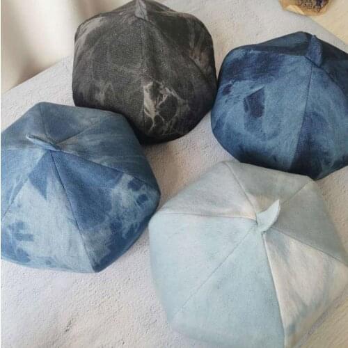 Women Girl French Artist Beanie Tie-Dyed Cowboy Hat Vintage Durable Painter Beret Warm Breathable Walking Cap with Small Tail