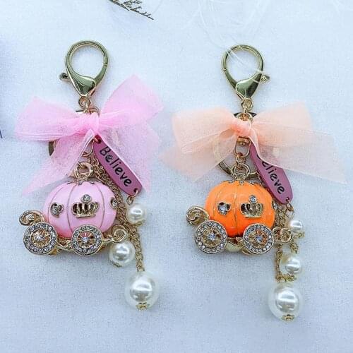 Cute Women Pumpkin Faux Pearl Rhinestone Keychain Key Holder Hanging Ornament