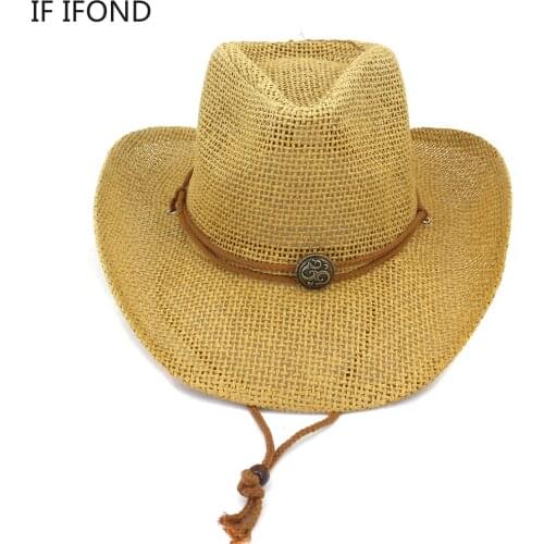Summer 2021 Natural Straw Handmade Crochet Hat Breathable Western Cowboy Beach Cap Outdoors Cowgirl Travel Sun Hat