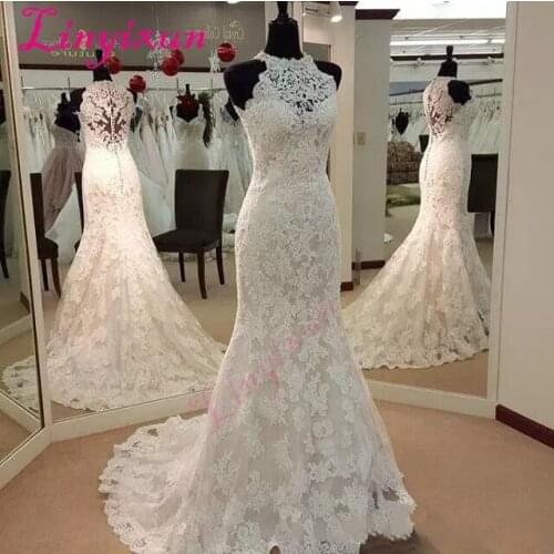 Real Images Vintage Full Lace Mermaid Wedding Dresses High Neck Sweep Train Custom Made Garden Western Country Wedding Bridal Go