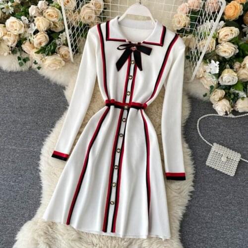 Vintage Party Christmas Dress Robe High Quality Autumn Winter Korean Striped Patchwork Knitted Sweater Dress Women Slim Button