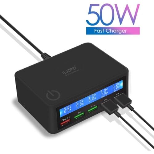 ILEPO 50W QC3.0 USB Charger Station Quick Charge Portable 5 Ports USB LCD Display Fast Charger For iPhone Xiaomi Huawei Tablet