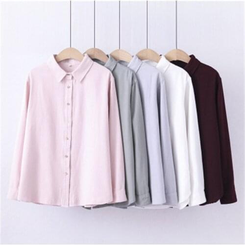 2021 Women Shirts Flannel Tops And Blouses Cotton Lady Long Sleeve Solid Color Office Work White Clothes Fashion Woman Blouses