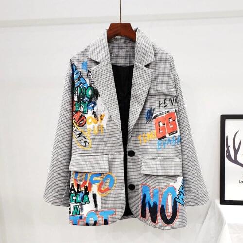 Streetwear style Autumn New Plaid Blazer Jacket Women Chic Letter Graffiti Print coat Female Korean Suit Outwear Chaqueta Mujer