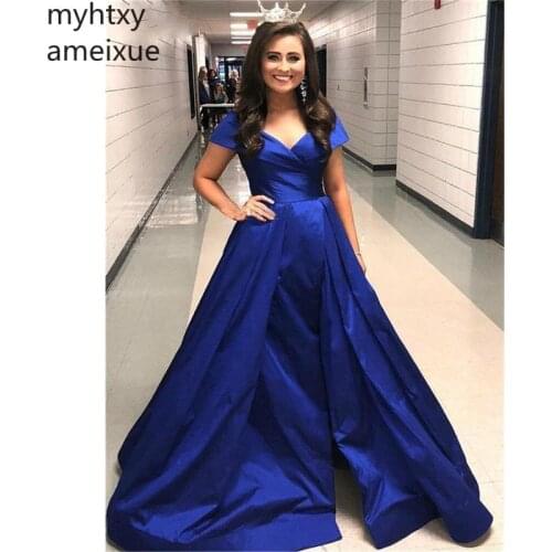 Royal Blue Long Robe 2020 Formal Plus Size Event Evening Dress Off The V Neck Side Split Elegant Prom Gowns Robe De Soiree