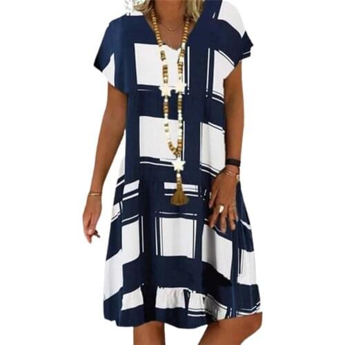 T-shirt Dress Plaid Soft Women V Neck Short Sleeve Dress for Dating