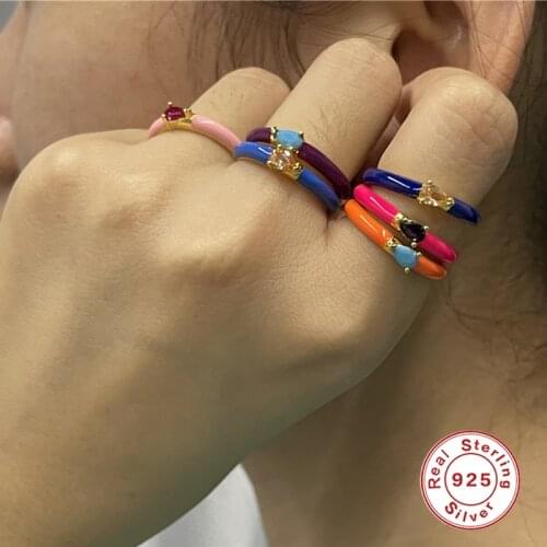 Aide 2021 Trend 925 Silver Colorful Enamel Rings For Women Girls Gift Anillos Mujer Fine Jewelry Turquoise Rings Gold Ring Anel