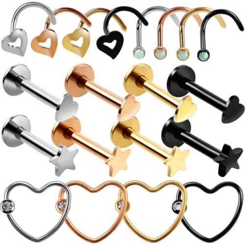 1PC Steel Opal Hollow Heart Nose Screw Piercing Nariz Stud Rings Star Labret Rings Ear Cartilage Tragus Piercing Fashion Jewelry