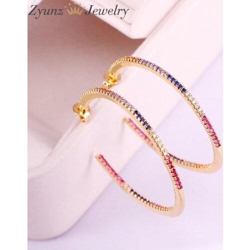 3 Pairs, Fashion Women Earrings Micro Pave Rainbow Zircon Circle Stud Earrings Gold Color Colorful Jewelry Series