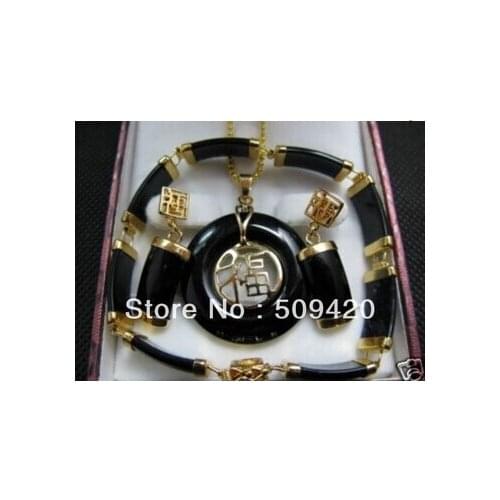 Free shipping Pretty Fine Jewelry Black stone Lucky pendant necklace bracelet earring set