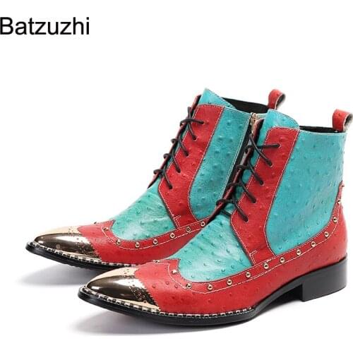 Batzuzhi New Personality Men Ankle Boots Pointed Metal Head Genuine Leather Ankle Boots Men Color Lace-up Party/Wedding Botas