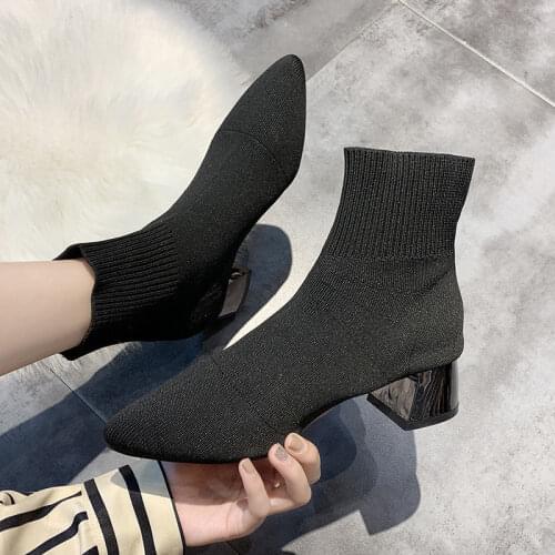 Stretch Women Knitted Boots Fashion Thick Heel Fashion Ladies Martin Boots Mixed Colors Rubber Fashion Women High Heels Boots