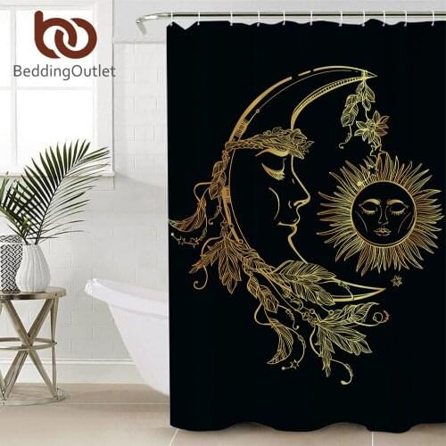 BeddingOutlet Gold Moon Accompanys Sun Decorative Shower Curtain Polyester Waterproof Bath Curtain With Hooks for Bathroom Decor