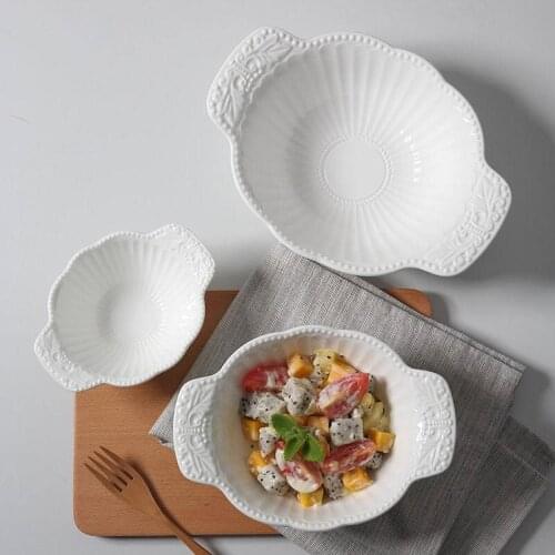 Ceramic Bowl Salad Bowl Food Tray Fruteira Double Handles Bowl Basso-relievo Snacks Container Cake Dinnerware Dessert Bowl 1pcs