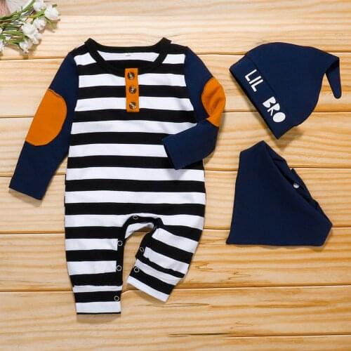 0-12M) Baby Romper Set Winter Long Sleeve New Patch Printed Striped Button Romper + Hat + Saliva Towel Set детская одежда 50