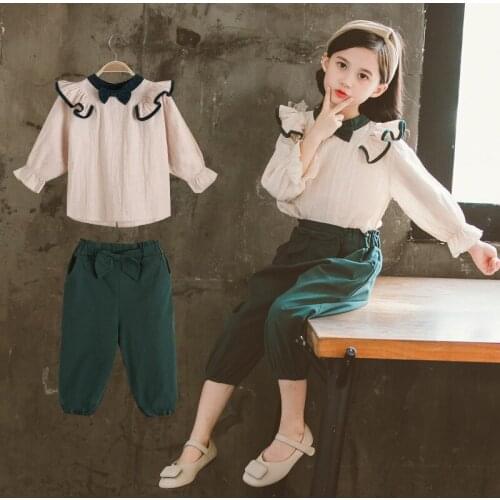 Fashion Girls Clothing Sets 2 Pcs T-Shirt and Pants Set for 4 5 6 7 8 9 10 11 12 Years Princess Retro Ruffle sleeve Clothes Set