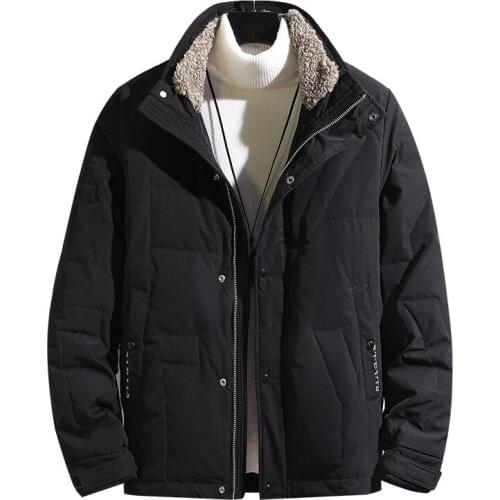 White Duck Down Jacket Lamb Hair Stand-Up Collar Short Large Size Thick Warm Solid Color Casual Mens Windproof Cold Resistance