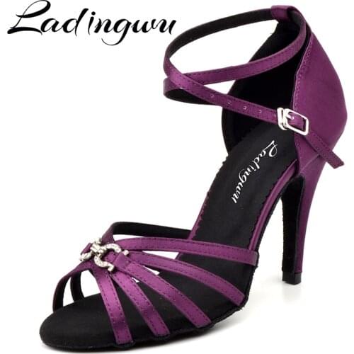 Ladingwu Womens Latin Ballroom Dance Shoes For Girls Purple Satin and Metal Button Dance Sandals For Dance Shoes Heel 6-10cm