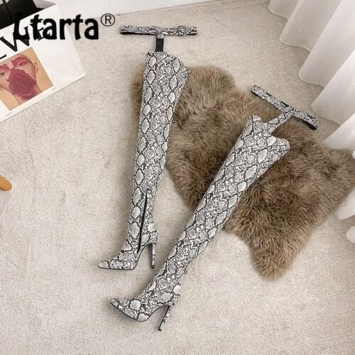 LTARTA Snake Print Womens Shoes Stage Catwalk Boots Stiletto High Heel Pointed Toe Over-the-knee Boots 11cm Heels JXQ