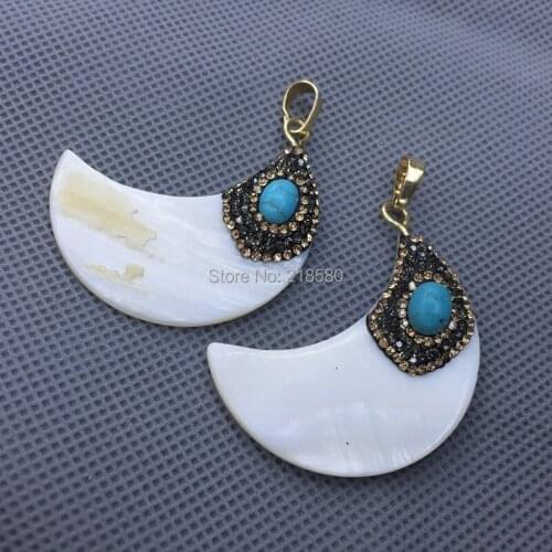 M51127531 Pave Shell MOON Pendant Cresent Charm with CZ Pave Cap and Howlite Beads Accent