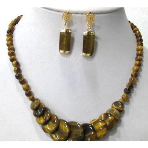 New hot Natural Yellow Tiger Eye Stone Gem stone Round&Coin Beads Necklace Earrings Set