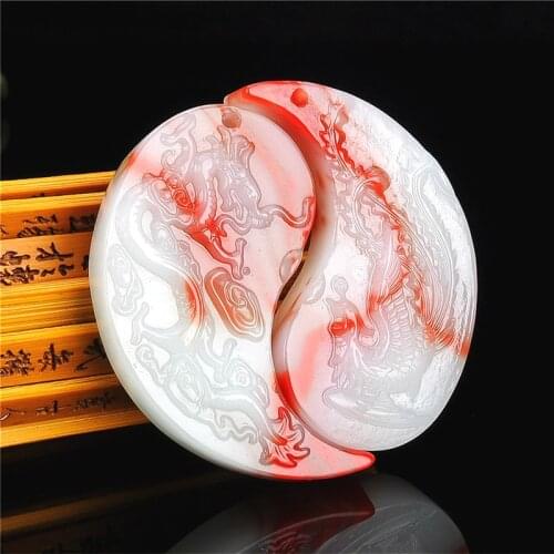 Natural Red White Jade A Pair Dragon Phoenix Pendant Chinese Hand-Carved Fashion Jewelry Charm Amulet for Men Women Gifts
