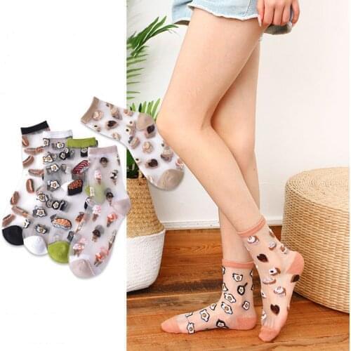 Cartoon Cute Crystal Silk Socks Women Summer Ultra-thin Transparent Glass Silk Short Socks Japanese Fashion Harajuku Crew Socks