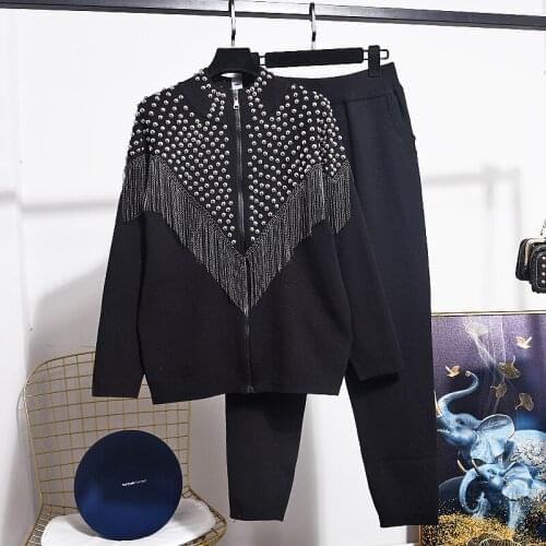 Autumn Fashion Black Knitted Tracksuit Set Women Rivet Chain Tassel Cardigan Sweater Long Pants Outfits Loose Knit Suit Female