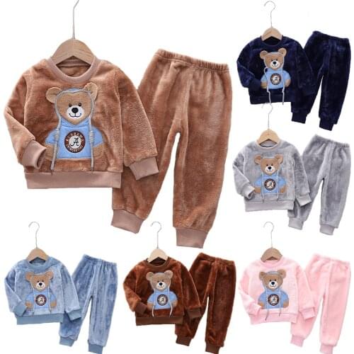 Autumn Plush Warm Boys Girls Clothing Set Full Sleeve Cartoon Bear Top And Pants 2Pcs Suit For Kids Children Christmas Present