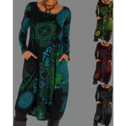 Women 2021 Loose Dots Boho Vintage Spring Winter Printed Dress Full Long Sleeve Sexy Pocket Full Party Dresses Plus Sizes