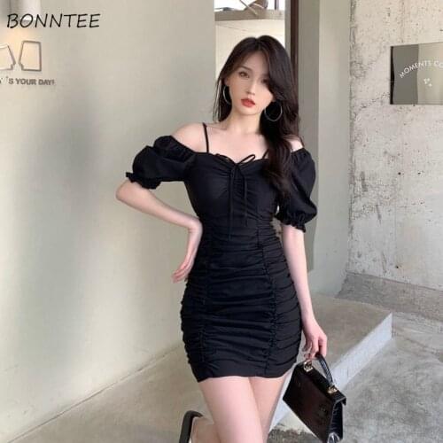 Dresses Women Sexy Female Slim Party Holiday Fashion All-match Puff Sleeve Casual Students Korean Style Shirring Cozy Retro New
