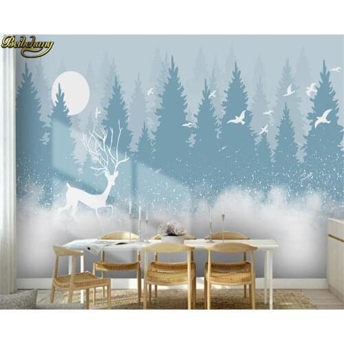 Beibehang Custom 3d wallpaper mural Nordic minimalist hand-painted forest elk mood bird house childrens room background wall