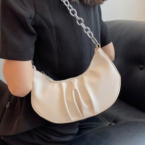 Simple Small Womens Hobo Bag Pure Color Leather Crossbody Bags Trending Pleated Female Shoulder Bags Casual Chain Handbags Sac