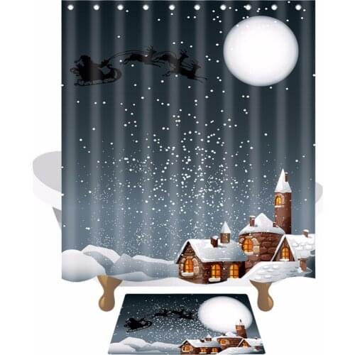 Drop Shipping Christmas Shower Curtain + bath Mat Polyester Fabric Printing Bathroom Curtain Waterproof Home Product 150*180cm