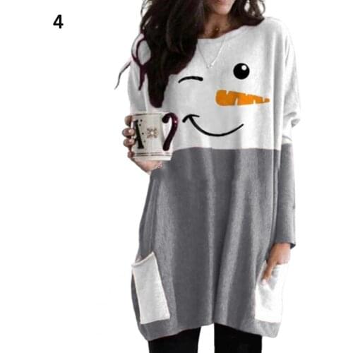 Plus Size Christmas Elk Print Tops Tee Women Long Sleeve T-shirt Casual Female Blouse Tunic Pocket Mini Dress 2021 Christmas Top