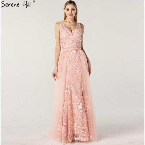 Pink V-Neck Sexy Mermaid Dubai Evening Dresses 2020 Sleeveless Handmade Flowers Pearls Evening Gowns LA60737