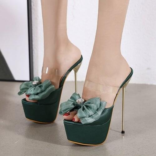 2021 Super High Heel Women Sandals 17cm Woman Pumps Bow Sexy Ladies Party High Heels Slides Summer Thick Platform Female Slipper